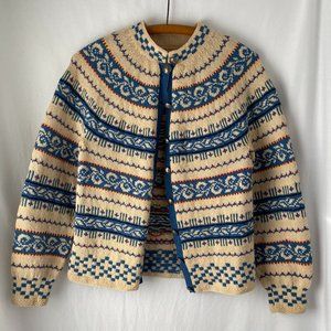 Vintage hand-knit wool Norwegian sweater with carved pewter buttons